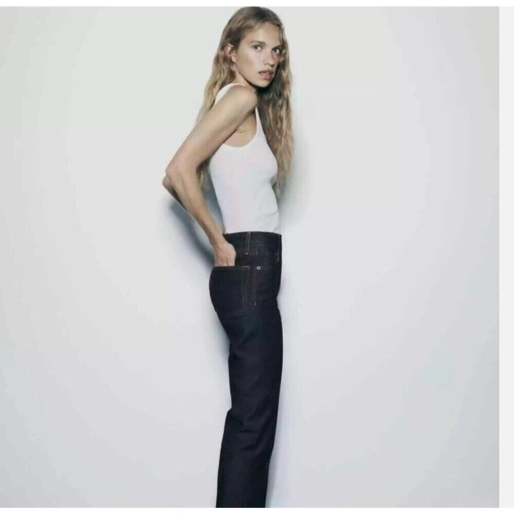 NWT ZARA The High Rise Bootcut Women's Jeans Exposed Seam Blue Dark Wash Size 2